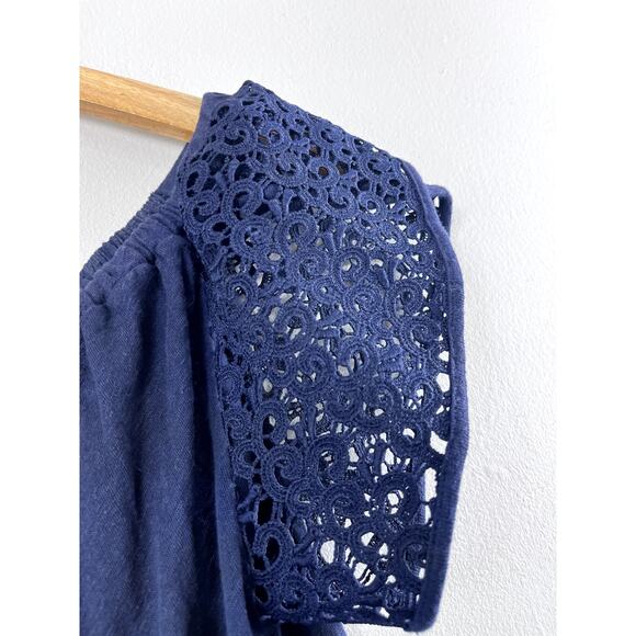 Women's Blue Eyelet Lace Linen Blend Blouse M - Picture 2 of 6